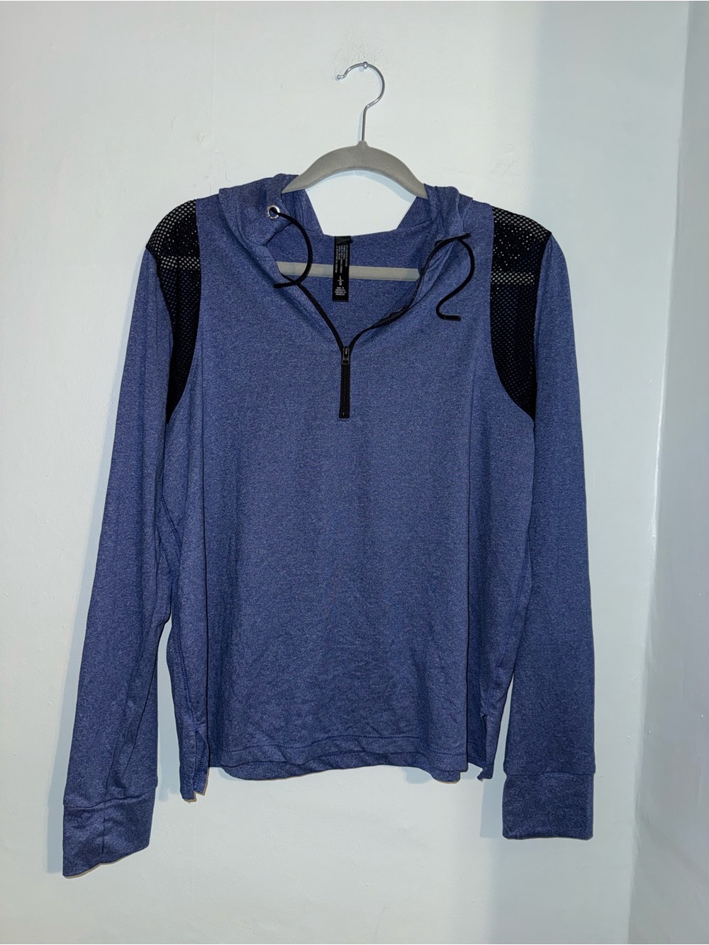 Quarter-Zip Hooded Pullover - Blue with Black Mesh Accents